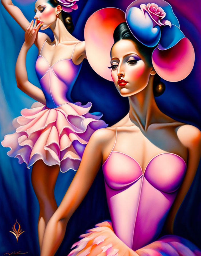 Stylized painting of two women in pink ballet attire with blue rose in hair