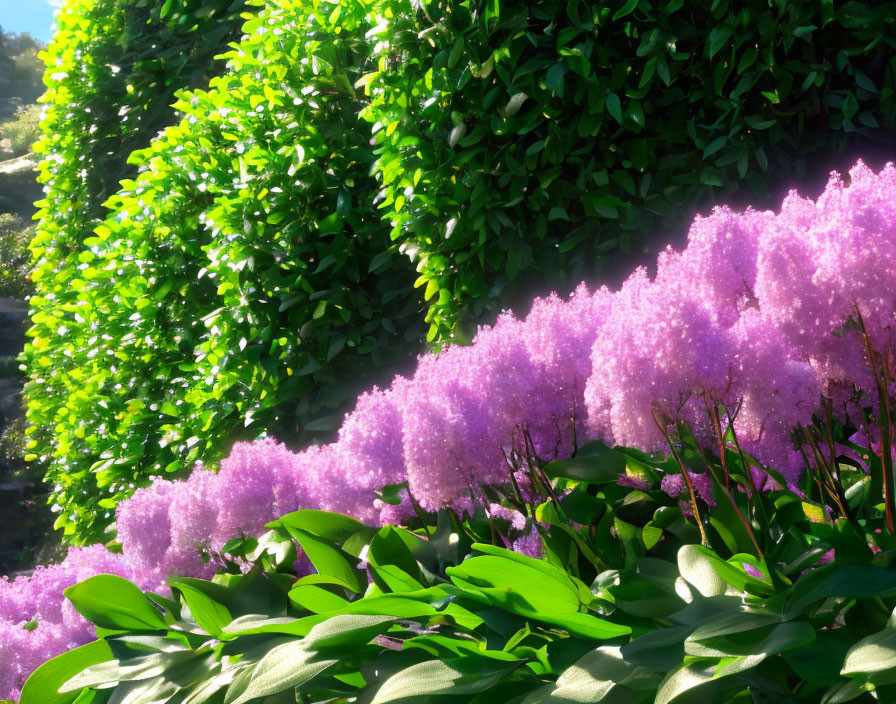 Lush Green Bushes with Vivid Pink Flowers in Bright Sunlight