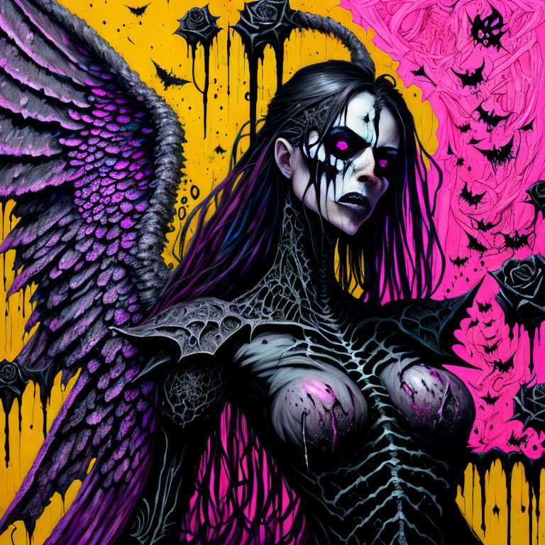 Colorful artwork: Skull-faced figure with dark angel wings in rose-filled scene