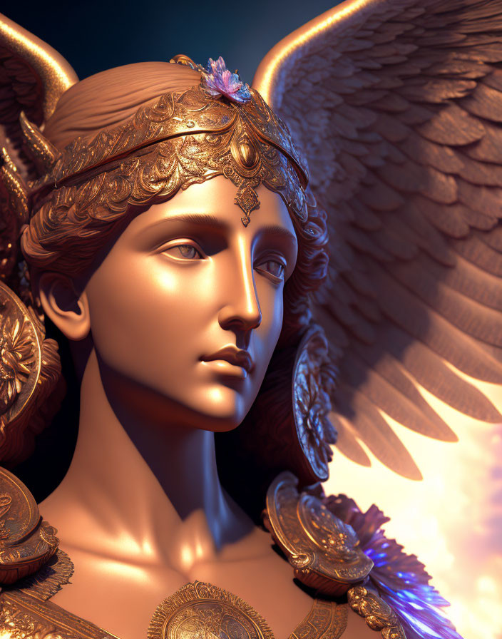 Golden-toned angelic figure statue with detailed wings and ornate armor.