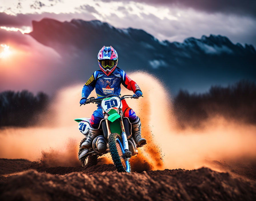 Vibrant motocross rider on dirt track at sunset