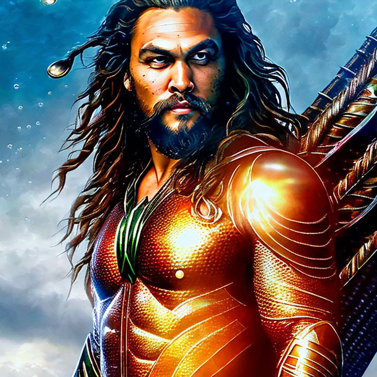 Muscular superhero in golden armor with long hair and beard in stormy setting