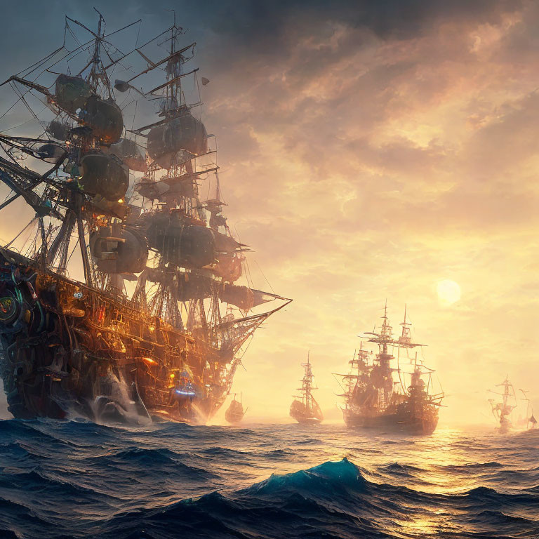 Historic sailing ships on golden sunset sea with dramatic sky