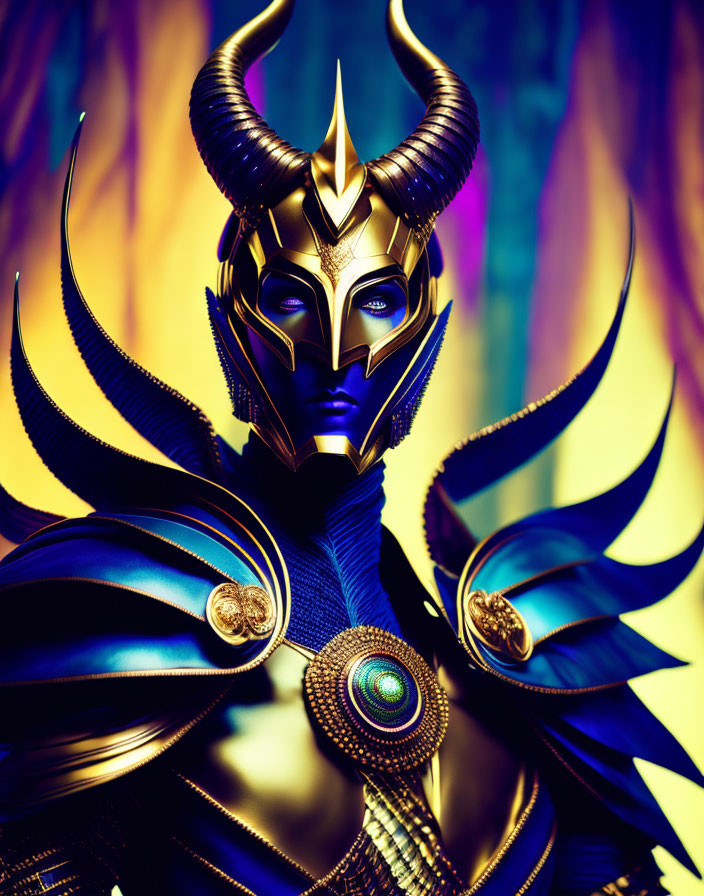 Character in Ornate Golden Armor with Horned Helmet on Vibrant Background