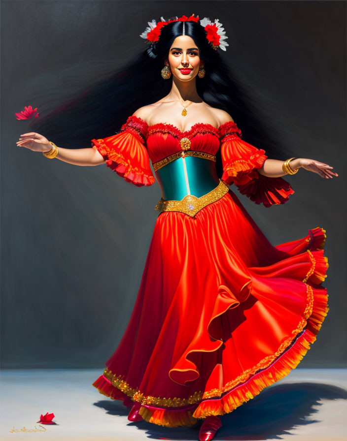 Woman in Red and Gold Flamenco Dress Dancing with Flowers