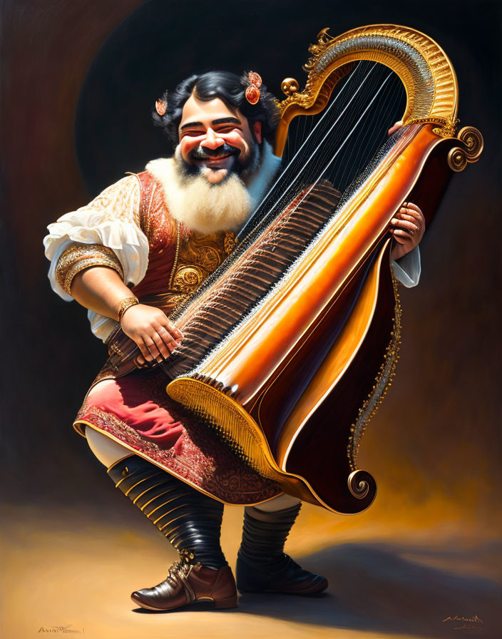 Renaissance figure playing large harp-like instrument on dark background