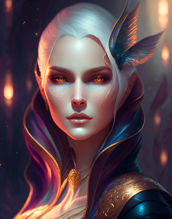 Fantasy illustration of a woman with white hair, pointed ears, glowing eyes, butterfly, ornate