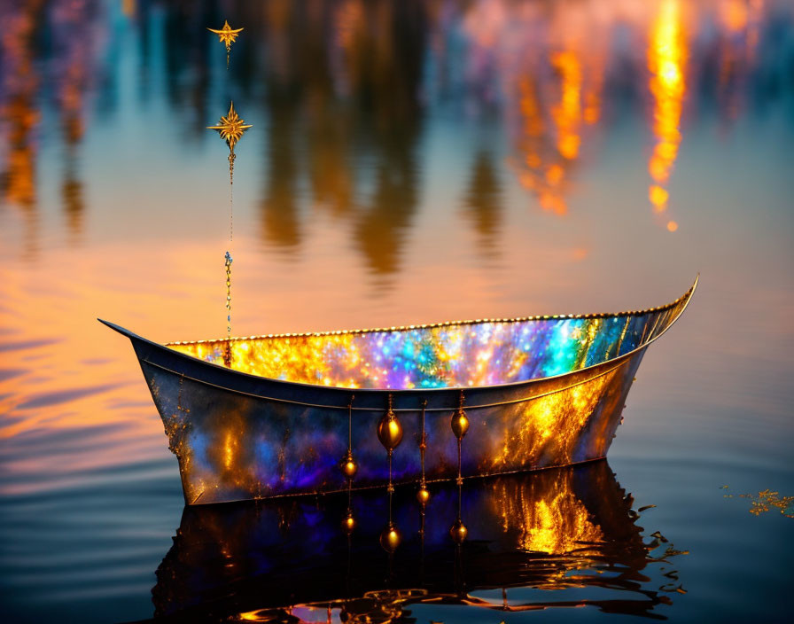 Metallic paper boat with colorful lights on tranquil water at twilight