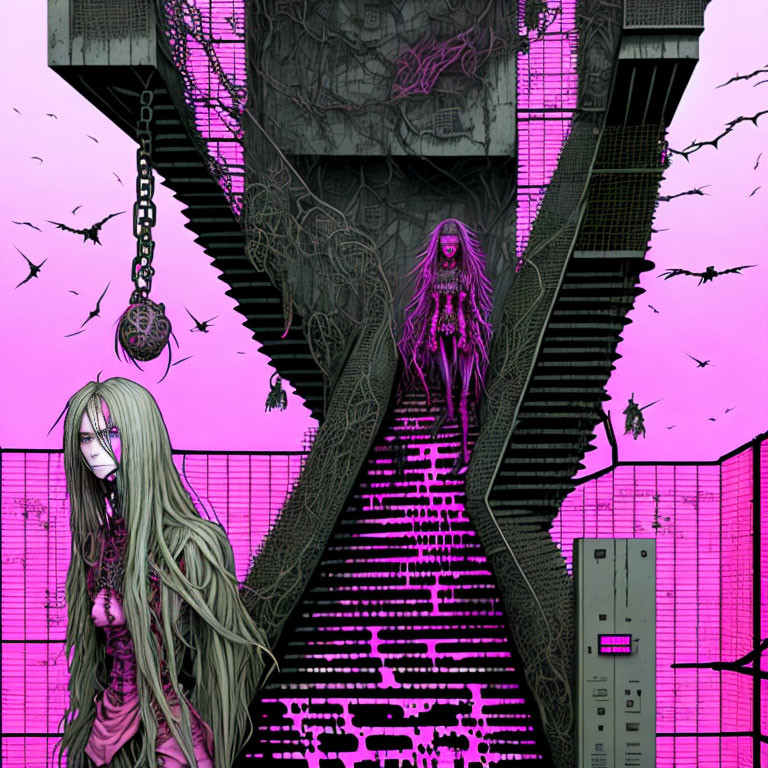 Pale figure on staircase in pink and black setting with eerie branches and birds