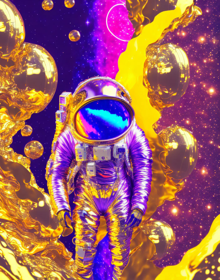 Surreal astronaut in silver suit with golden swirls and purple stars