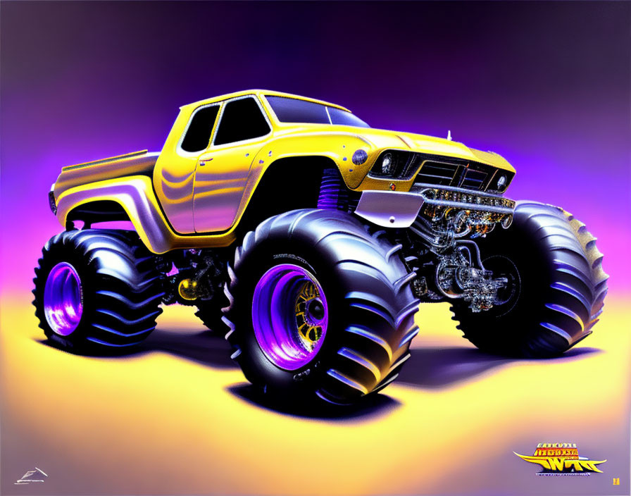 Oversize yellow monster truck with purple wheels on vibrant background