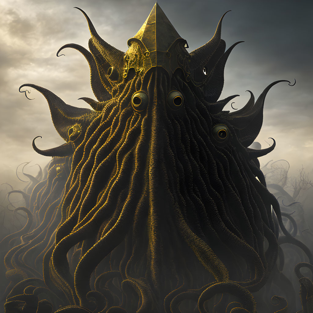 Mystical tentacled creature with multiple eyes and golden pyramid under cloudy sky