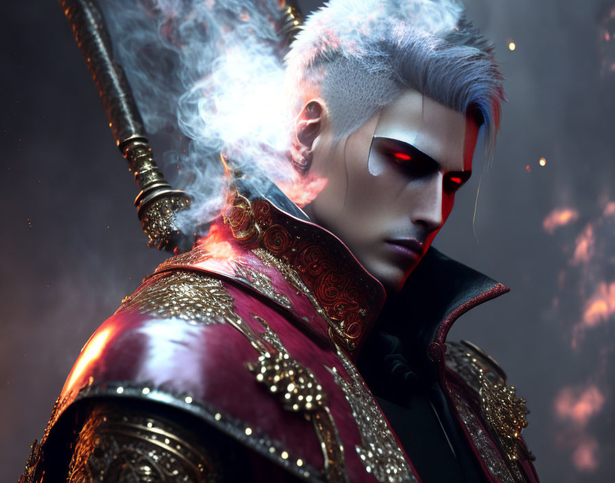 3D-rendered character with white hair and red cybernetic eye in regal coat