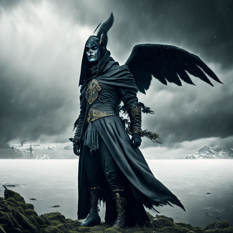 Menacing figure in black costume with wings and horned mask in stormy snowy landscape