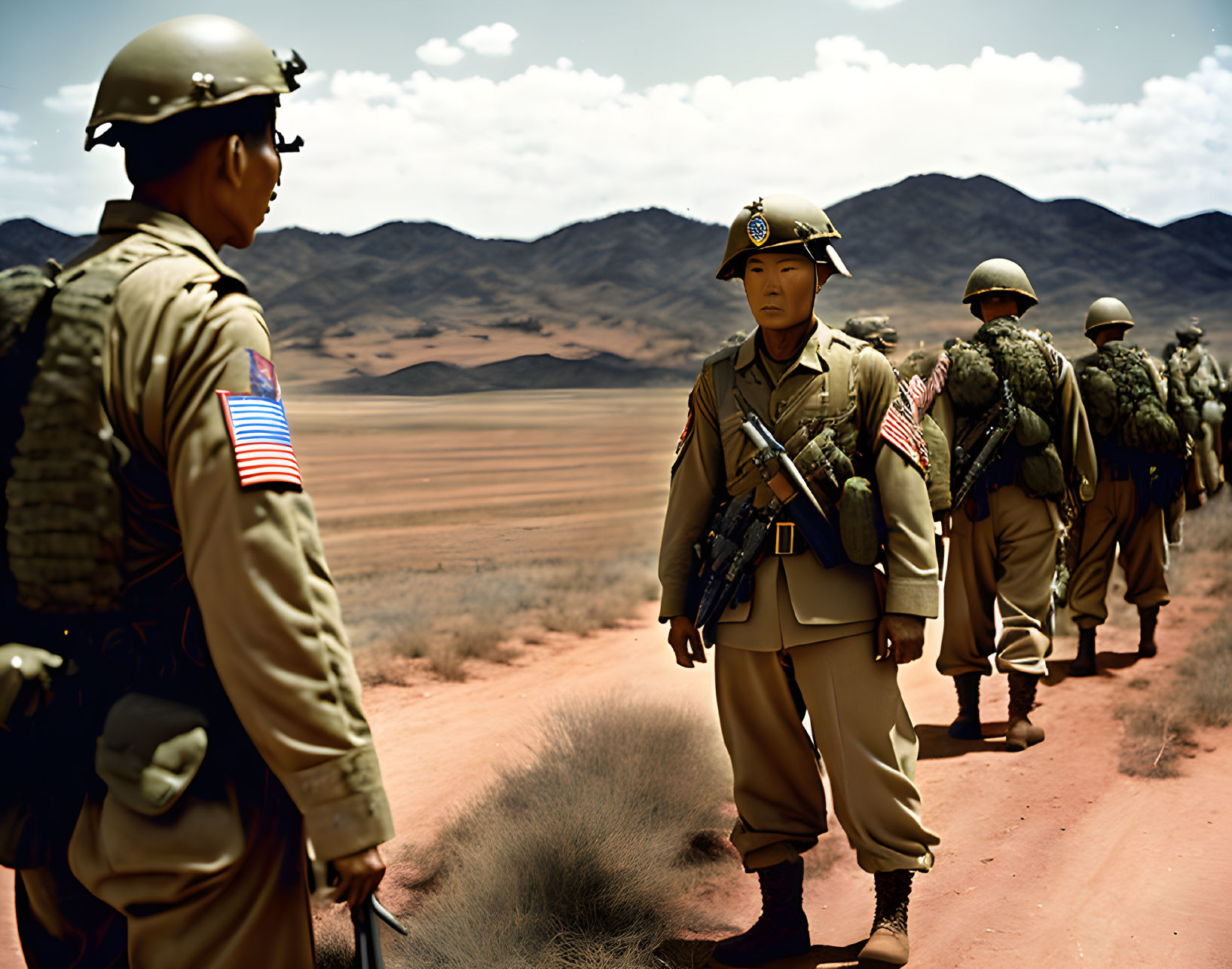 Historical military uniforms soldiers in desert setting