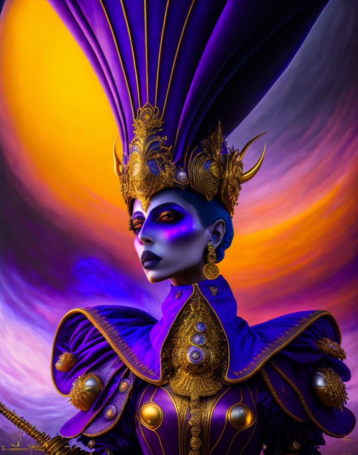 Regal attire portrait in purple and gold against swirling background