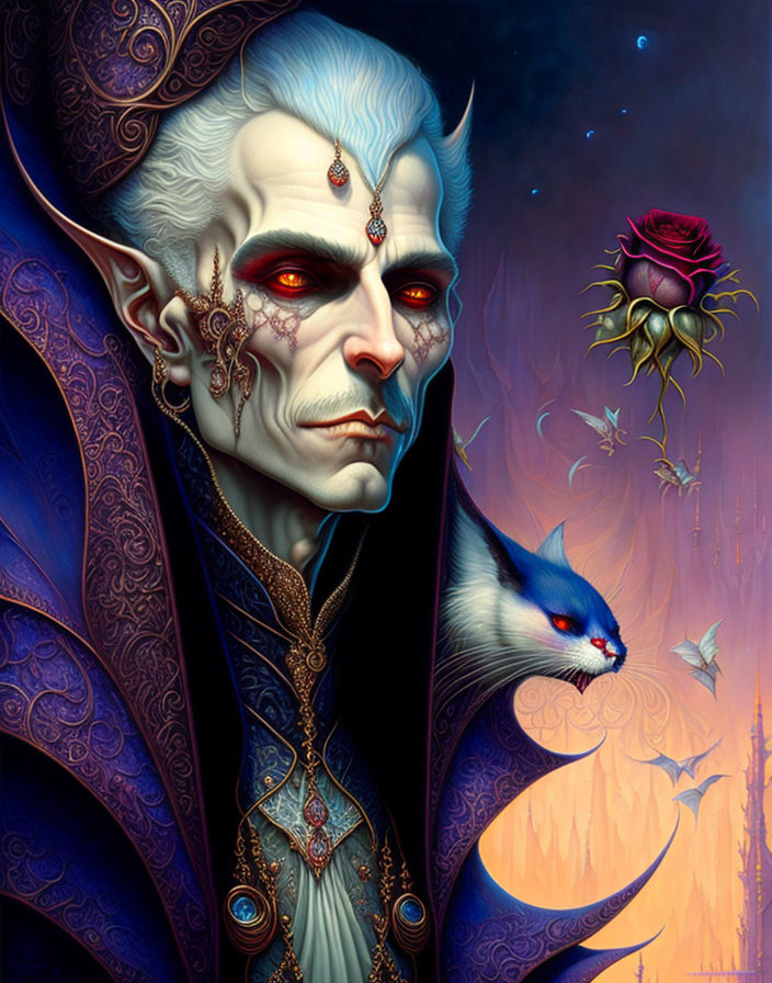 Regal vampire figure with pointed ears and blue weasel familiar.