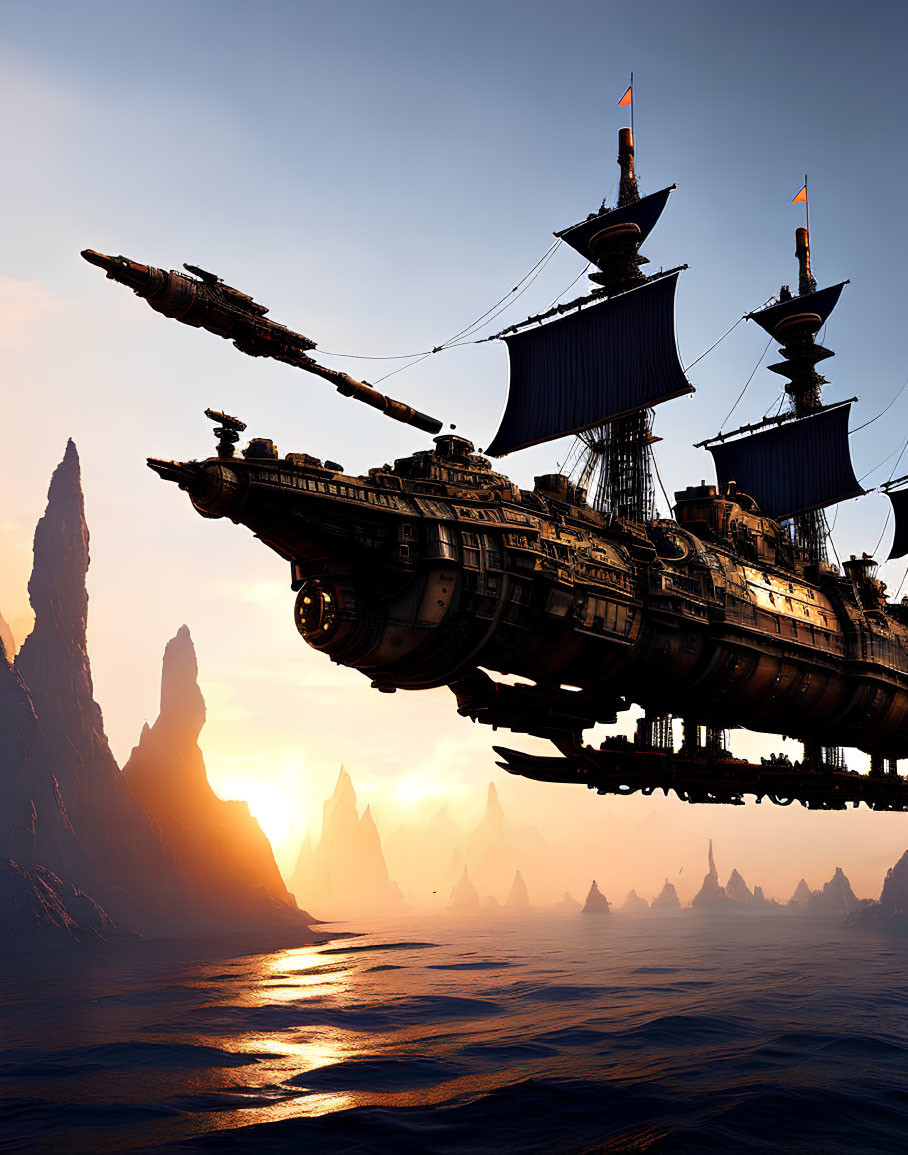 Steampunk airship sailing over tranquil sea at sunset