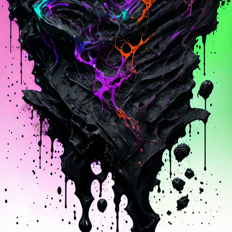 Colorful Abstract Art: Neon Pink, Green, Purple on Swirling Black Background