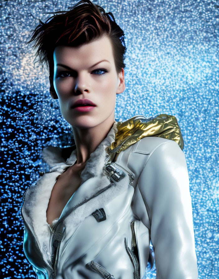 Dark-haired person in white and gold jacket with bold makeup on blue abstract backdrop