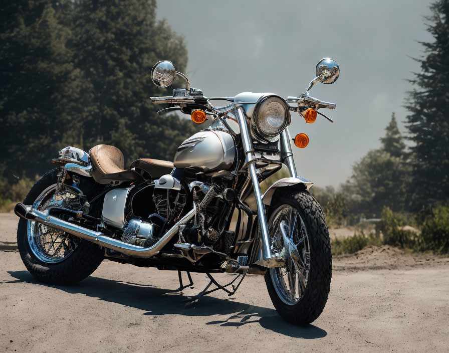 Vintage motorcycle with chrome details on dusty road under hazy sky