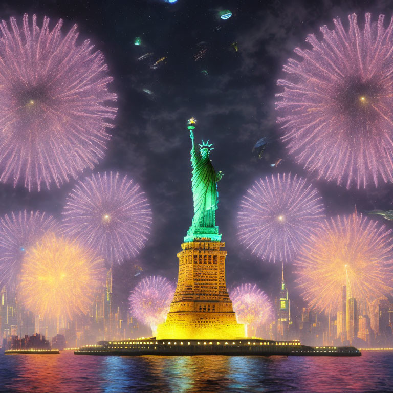 Iconic Statue of Liberty with fireworks, city skyline, and UFOs at night