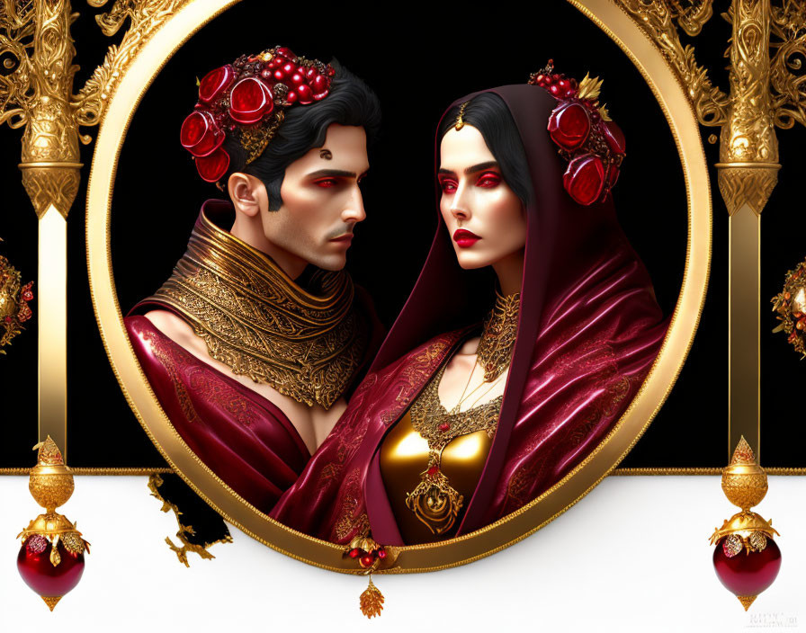 Regal couple digital artwork with golden jewelry and red attire framed by ornate mirror