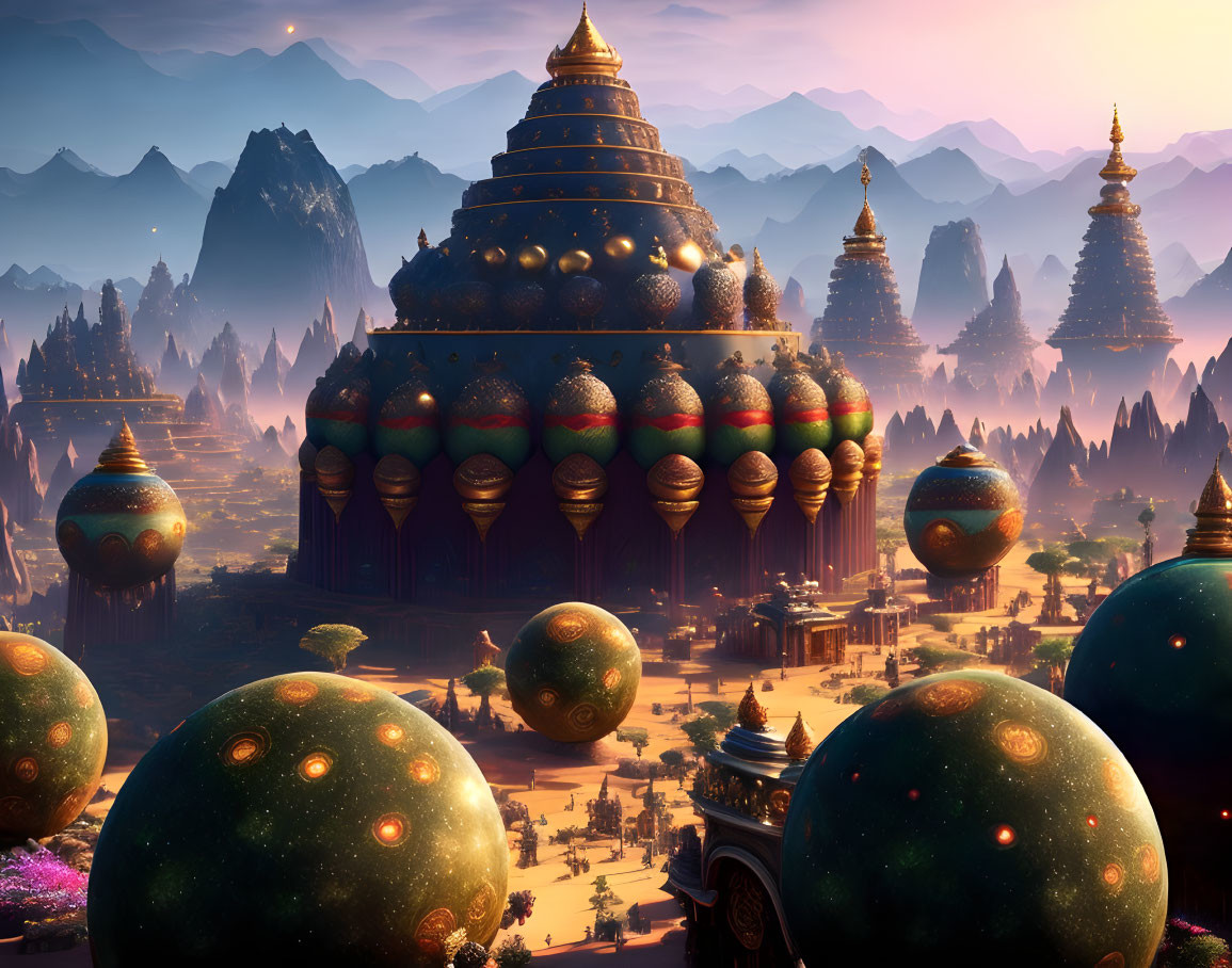 Fantasy landscape with spherical structures and towering spires in mountainous terrain at dusk