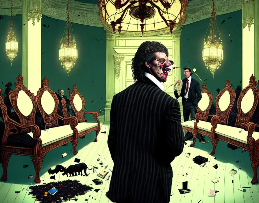 Cybernetic man in opulent, damaged room with bull and debris.