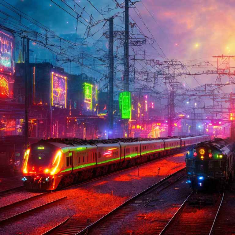 Neon-lit railway station at dusk with multiple trains