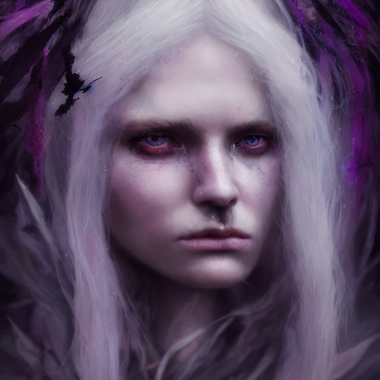 Mystical figure with red eyes, pale skin, white hair, and purple accents