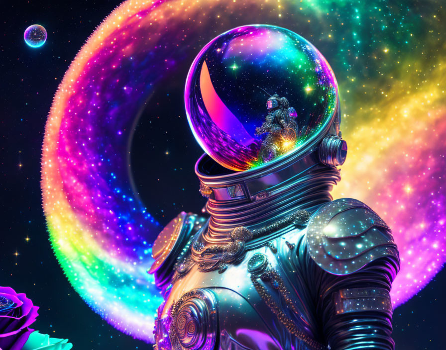 Colorful Astronaut Helmet Reflects Cosmic Galaxies in Neon Space Scene