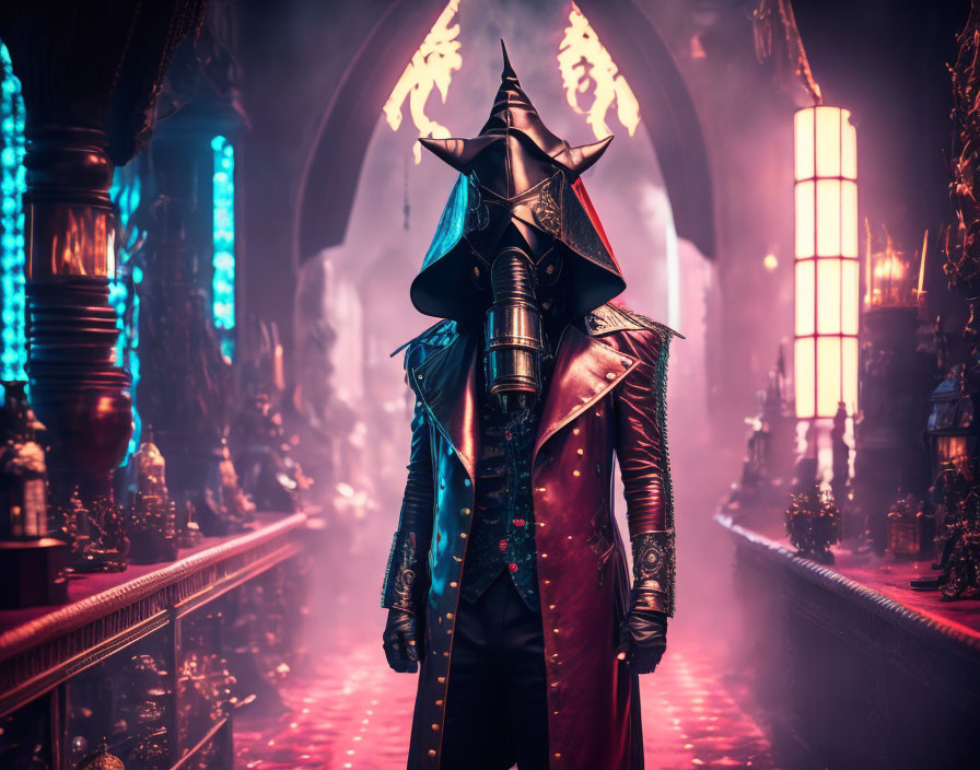 Mysterious figure in spiked helmet and armor in Gothic corridor