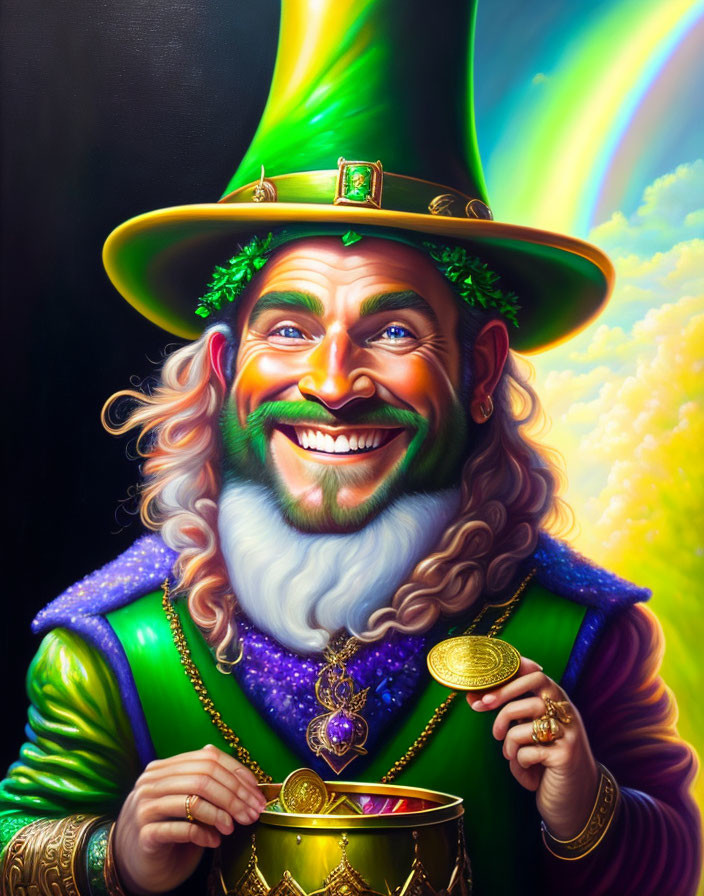 Colorful Leprechaun Illustration with Gold Coin and Rainbow