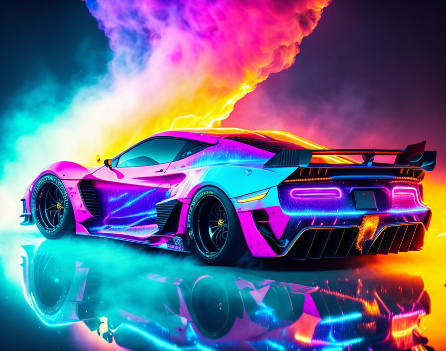 Colorful Sports Car with Neon Pink and Blue Hues and Fiery Exhaust