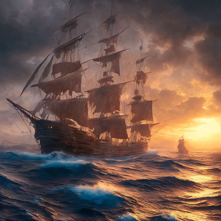 Majestic tall ship sailing turbulent seas at sunset