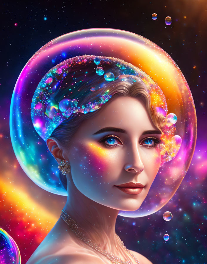 Cosmic-themed portrait of a woman with nebulae and stars halo