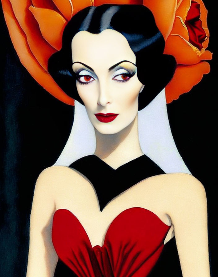 Illustration of woman with pale skin, red lips, orange flower, black & red dress, heart