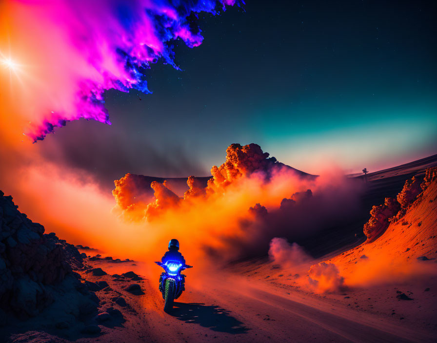 Motorcyclist riding on desert road at dusk under vibrant sky