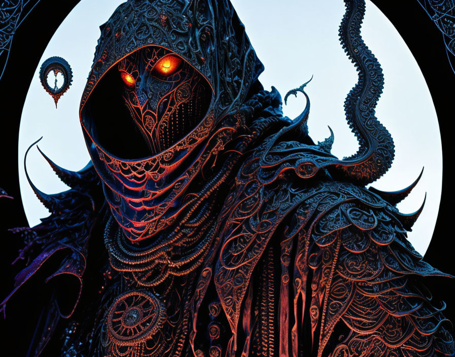 Intricate figure with red glowing eyes on dark blue background