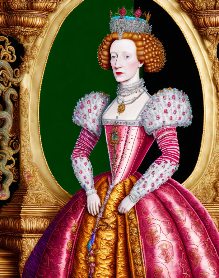 Portrait of a woman styled as Queen Elizabeth I with red hair, crown, and 16th-century