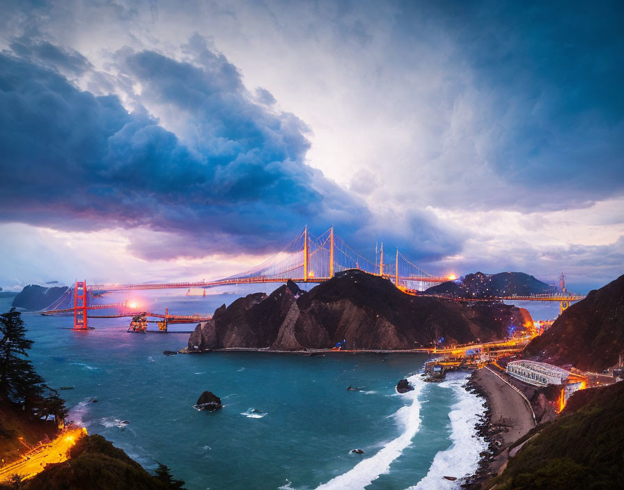 Twilight scene of dramatic sky over Golden Gate Bridge.