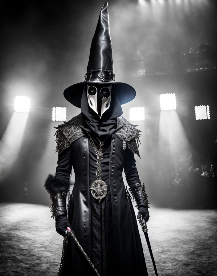 Plague Doctor Costume with Beaked Mask on Foggy Stage