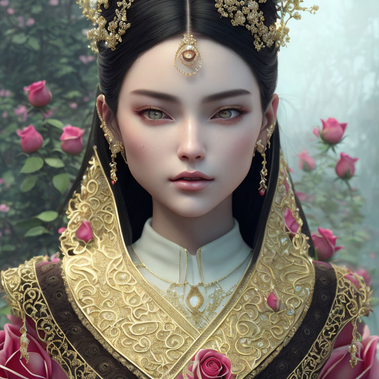 Digital portrait of woman in East Asian royal attire with roses, gold jewelry, and ornate headdress