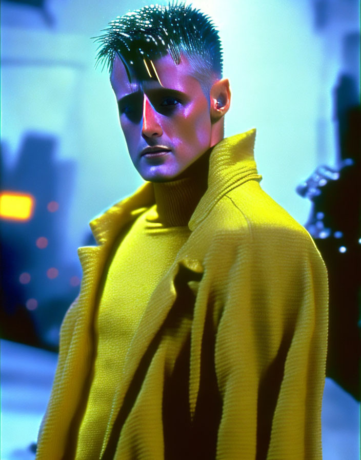 Person with Spiked Hair and Striking Makeup in Yellow Turtleneck Jacket