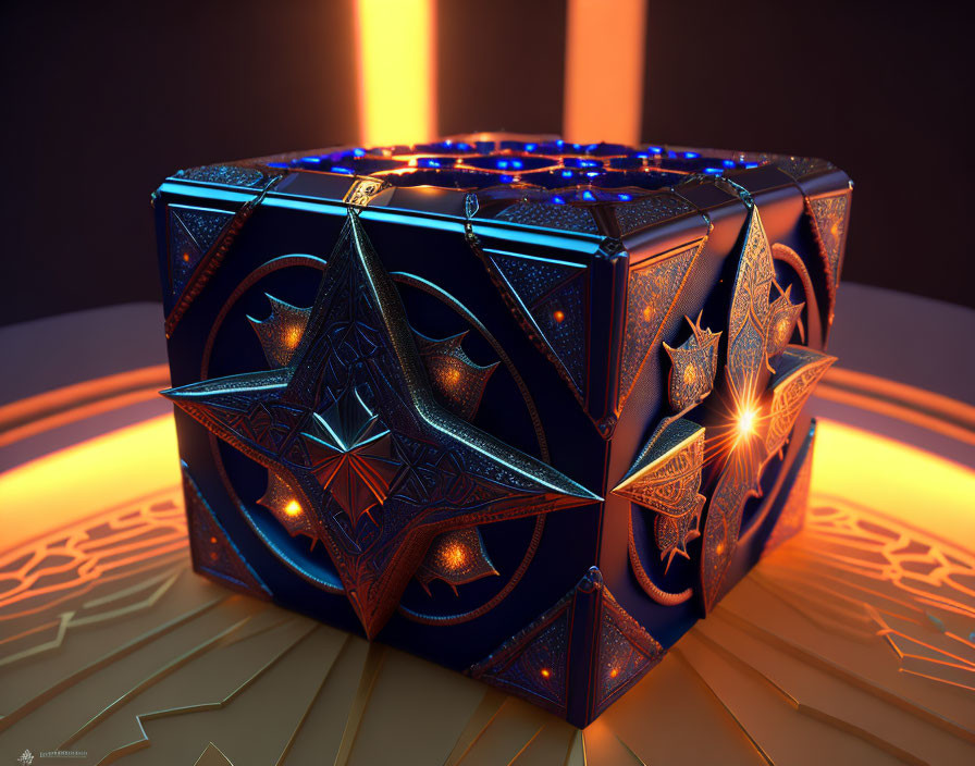 Intricate geometric patterns on glowing cube with star shapes