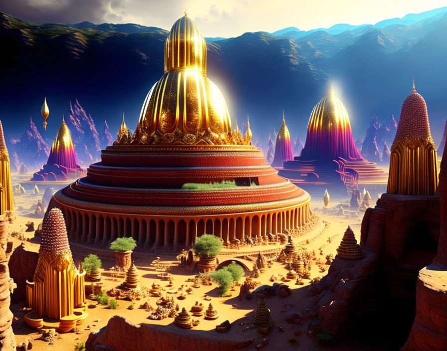 Golden-domed structures in fantastical desert landscape under dramatic sky