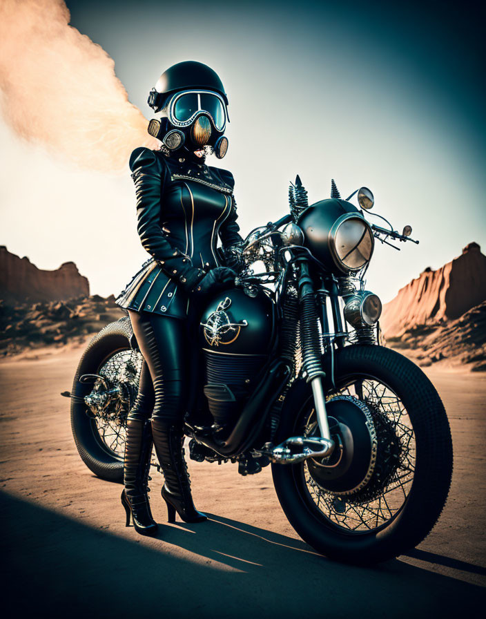 Person in black motorcycle outfit with helmet beside classic motorcycle in desert.