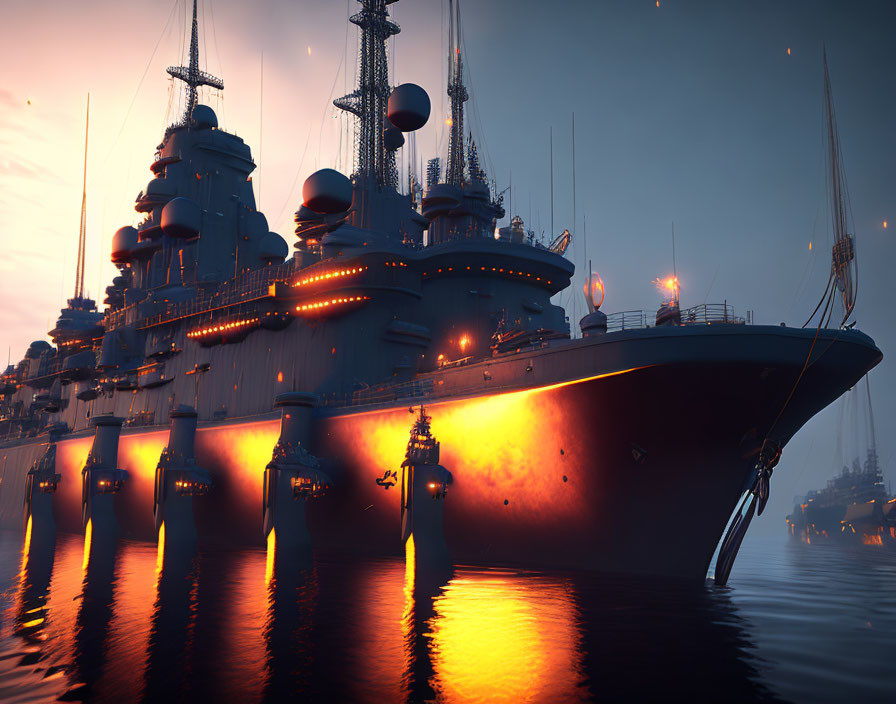 Illuminated Battleships at Dusk Reflecting Lights on Tranquil Waters