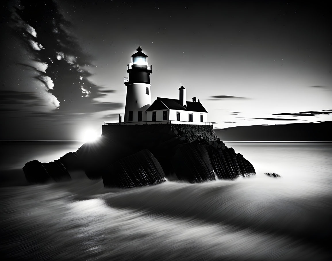 Monochrome image of lighthouse on rocky terrain with shining beacon